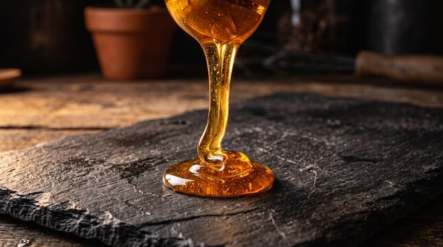 Thick golden honey dripping on a dark slate board. Moody rustic food background.