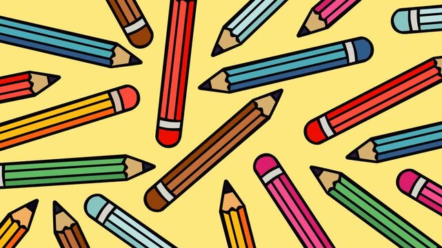 Cheerful repeating pattern of colorful pencils and erasers on a soft yellow background. Perfect for school, education, stationery, writing, creativity, children, and back-to-school footage.