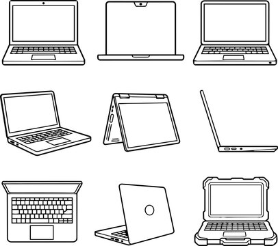 Laptop computer outline set in multiple views including tablet and rugged model