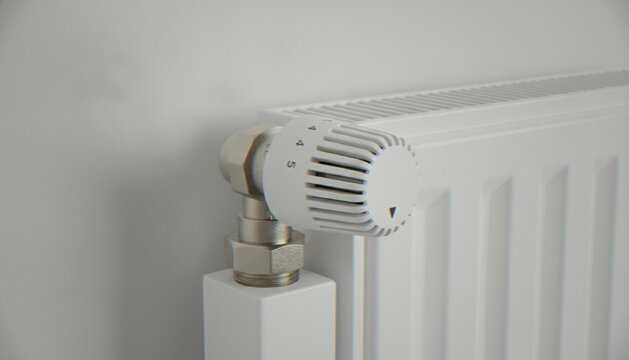 A close-up view of a modern white thermostatic radiator valve control knob set against a plain light wall in a residential setting.
