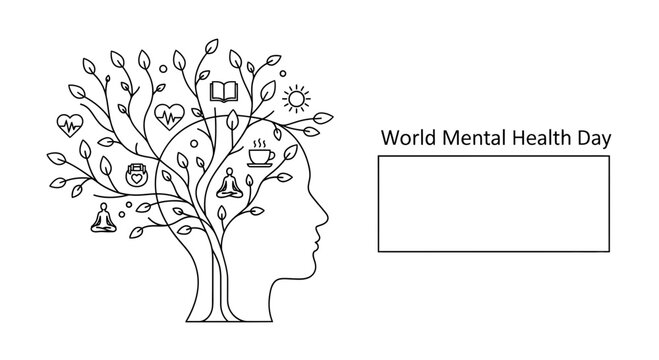 Line art illustration of a human head with a tree growing from the brain for World Mental Health Day.
