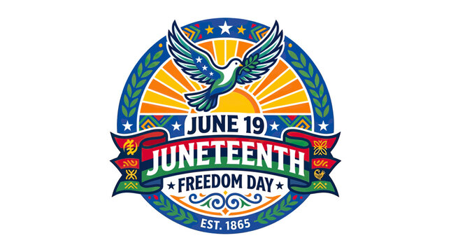 Juneteenth Freedom Day Celebration Logo with Dove and Sunburst