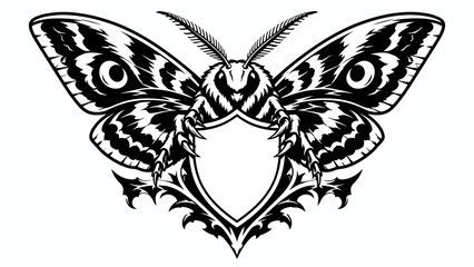 Fototapeta premium A black and white graphic illustration of a moth with intricate patterns on its wings, superimposed on a shield-like design.