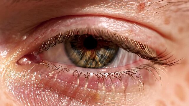 Macro extreme close up of a human eye staring forward with a multi colored green and brown hazel iris showing fine lines and blood vessels on the white sclera for optical health ophthalmology and biom