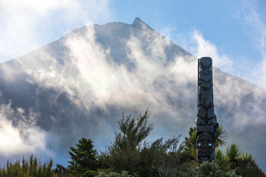 Maori art carvings and statue sculptures in square by artists in New Zealand