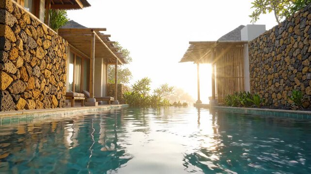 Private pool with stone wall and wooden pergola sunrise, tropical outdoor space with calm water reflection and warm sunlight