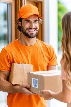 Delivery worker hands over parcels to customer at doorstep on a sunny day in a residential area while both appear happy