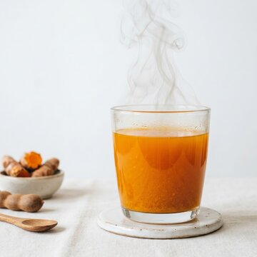 A glass of traditional Indonesian herbal drink kunyit asam with natural steam rising, showcasing its vibrant orange color and warm, healthy appeal. Captured in a clean minimal composition on a white b