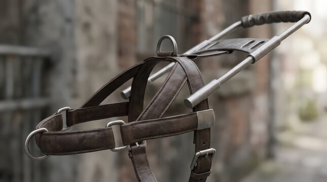 Detailed CloseUp of a Brown Leather Dog Harness with Metal Accents
