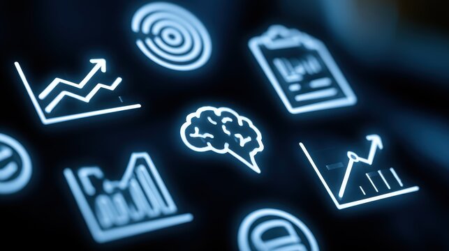 AI, Big Data, and business analytics icons represent the integration of advanced technology in analyzing graphs, business data, and market trends, driving strategic decisions and innovative solutions
