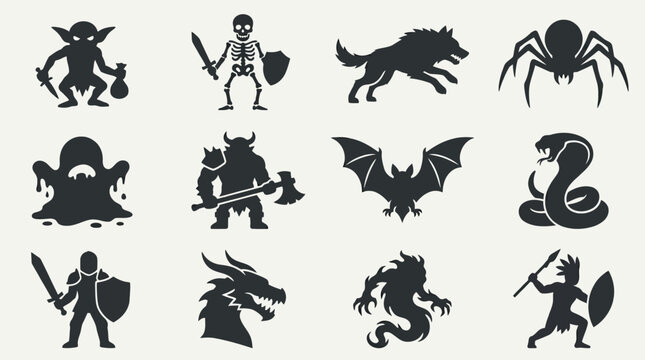 Flat minimal vector icon set of 12 adventure enemy silhouettes: goblin, skeleton, wolf, giant spider, slime monster, orc, bat creature, snake enemy, armored knight enemy, dragon head, shadow monster, 
