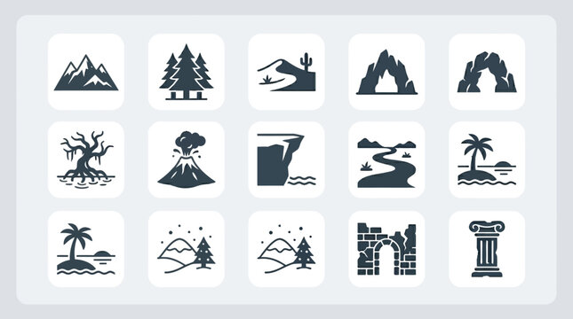 Premium flat minimal vector icon set of 12 adventure environment elements: mountain, forest tree, desert dune, cave rock, swamp tree, volcano, cliff edge, river bend, island, snowy hill, ruins wall