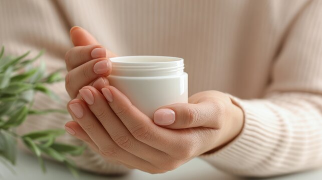 closed up hand and cream jar. Beautiful woman applying skin care cream from white cream jar, Set for spa, skin care and body products and solutions for skin problems such as scars, acne, wrinkles.