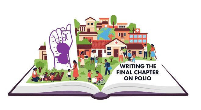 An open book illustration depicting the global effort to eradicate polio through vaccination and community health initiatives.