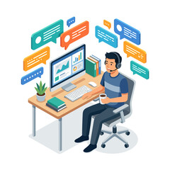Fototapeta premium Isometric Customer Support Representative and Data Analyst in Modern Workspace