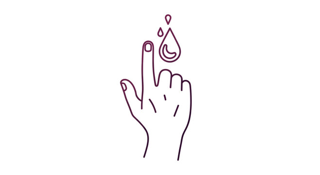 A simple line art illustration of a human hand performing a finger prick blood test.