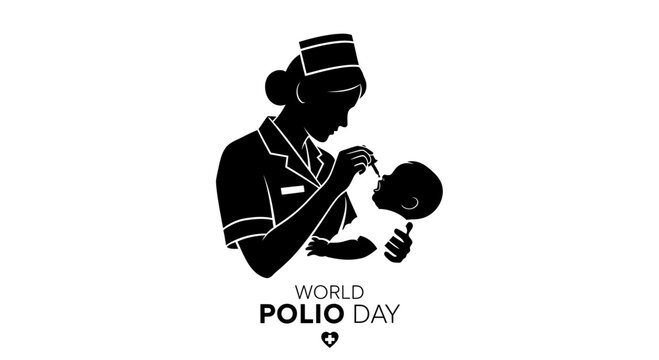 A silhouette illustration of a nurse administering oral polio vaccine drops to an infant.