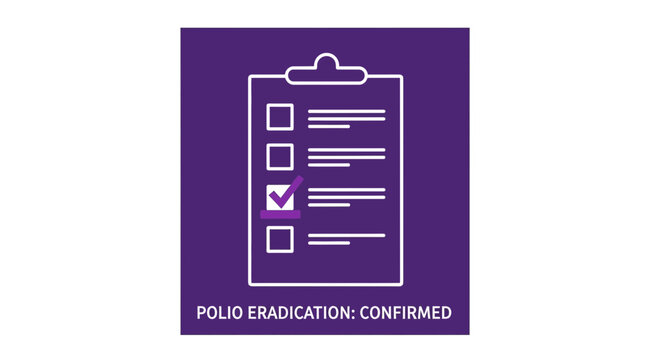 A clipboard icon with a checked box indicating polio eradication is confirmed.