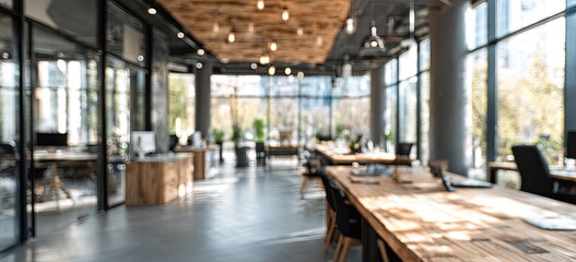Fototapeta premium A blurred, modern office space features expansive windows, wooden desks, and industrial-style lighting, creating a bright and collaborative work environment.