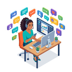 Fototapeta premium Isometric Female Social Media Manager Working at Desk with Dual Monitors and Chat Icons
