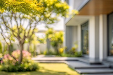 Fototapeta premium A blurred view showcases a modern house nestled within a lush, green garden, creating a serene and inviting atmosphere.