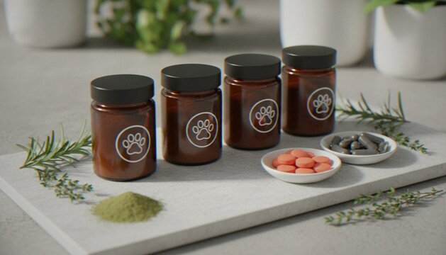 A set of four amber glass bottles with a pet paw print logo, displayed on a stone surface with medicinal pills, herbs, and a pile of green powder, perfect for pet wellness marketing.