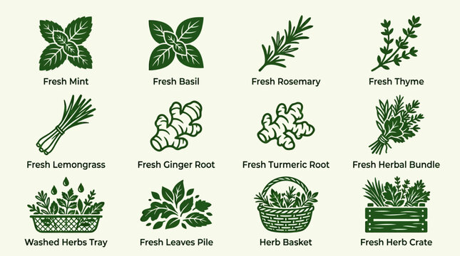 Flat minimal vector icon set of 12 tropical herbal plants: lemongrass, pandan leaf, turmeric root, ginger root, galangal, kaffir lime leaf, noni fruit, aloe vera leaf, tropical herb bundle, harvested 