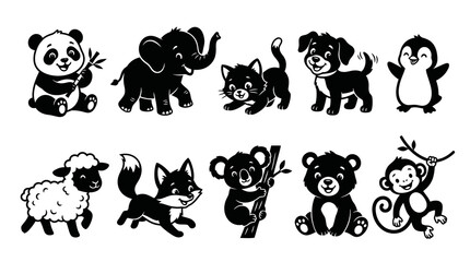 Fototapeta premium Cute Cartoon Baby Animals Black and White Silhouette Vector Set