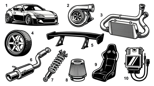 JDM sports car tuning and performance parts vector set