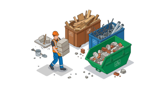 Isometric construction worker sorting building waste into labeled recycling skip bins