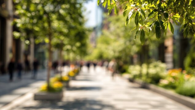 A blurred perspective of a tree-lined city street with pedestrians walking in the distance.