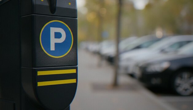 A close-up shot of a modern city parking meter with a P sign, with blurred cars parked along the street in the background.