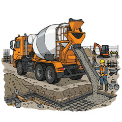 Concrete mixer truck pouring cement into building foundation with workers and excavator illustration