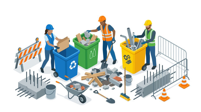 Isometric Construction Site Waste Management and Recycling Sorting Process