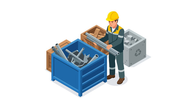 Isometric worker sorting scrap metal and industrial waste for recycling