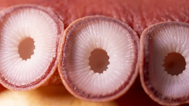 Fresh octopus sashimi artfully arranged on white plate over wooden surface in close-up

