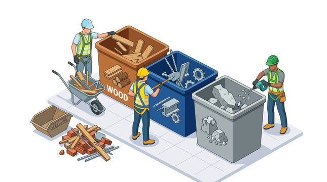 Isometric Construction Waste Sorting and Recycling Site Illustration