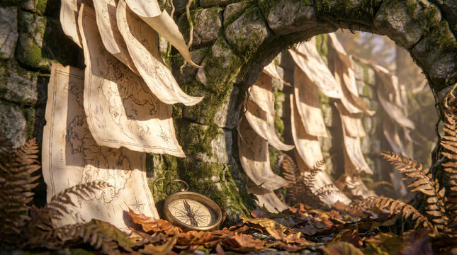 Ancient maps and compass in a mossy stone archway with autumn leaves