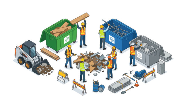 Isometric Construction Site Waste Management and Recycling with Workers and Color-Coded Dumpsters