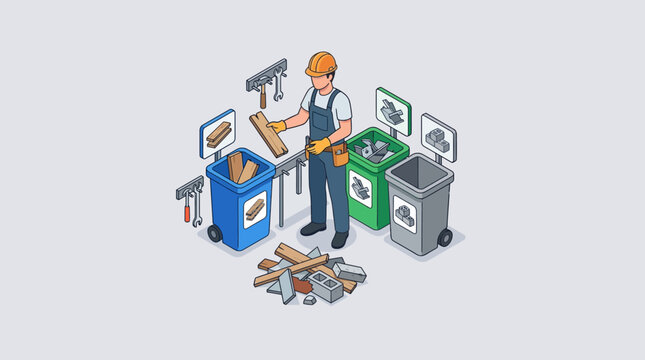 Isometric Construction Waste Management and Recycling Illustration with Worker Sorting Building Materials into Bins