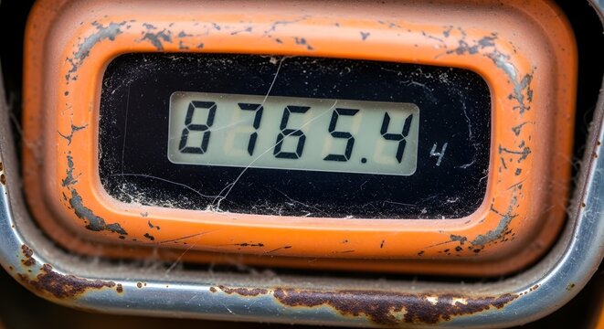 Close up of an old digital counter display showing numbers and a decimal point.