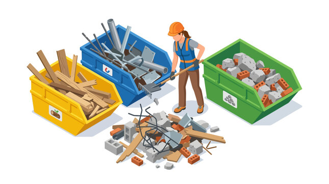 Isometric Construction Waste Management: Female Worker Sorting Debris into Recycling Bins