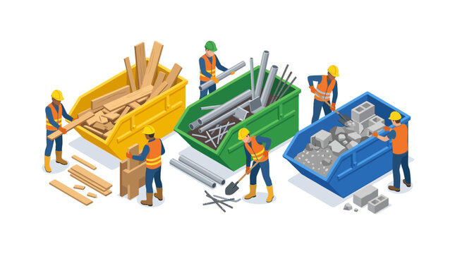 Isometric construction workers sorting building waste into colorful recycling skips.