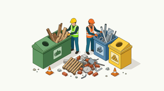 Isometric Construction Waste Management and Recycling Workers Sorting Materials