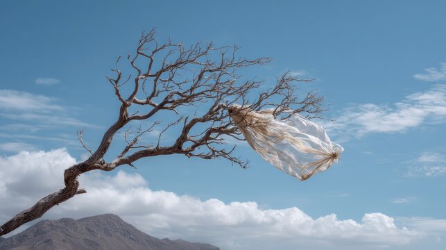 Bare tree branch, plastic bag, blue sky