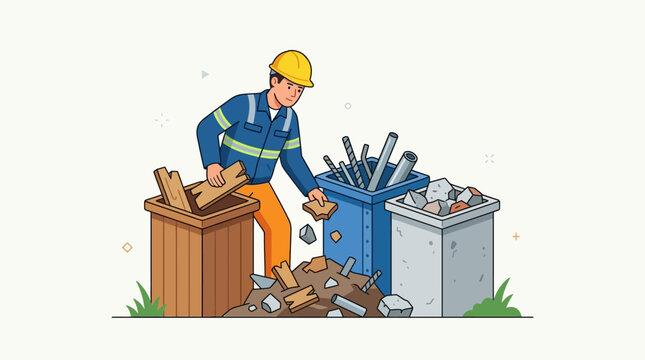 Construction Worker Sorting Waste into Recycling Bins