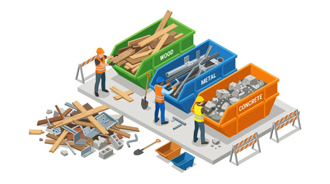 Isometric Construction Waste Management and Sorting with Workers and Recycling Bins
