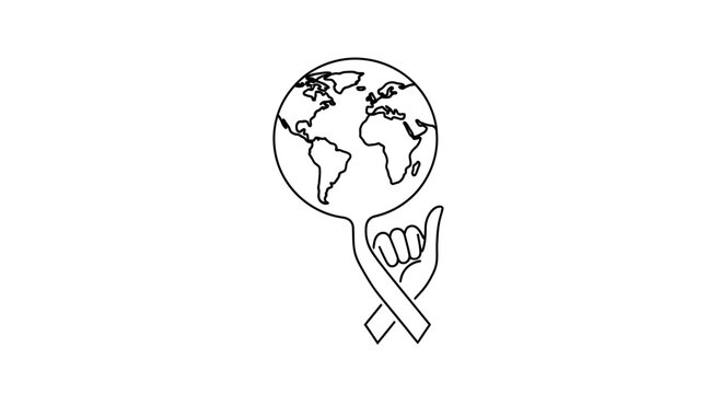 A continuous line drawing of a globe balanced on a hand making a shaka gesture.