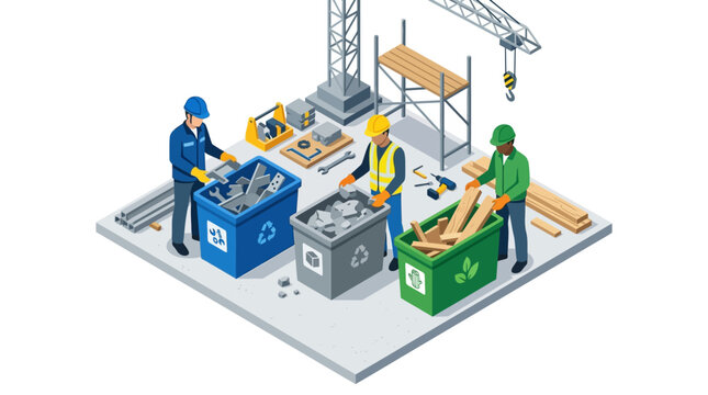 Isometric Construction Site Waste Management Workers Sorting Metal Wood and Debris for Recycling