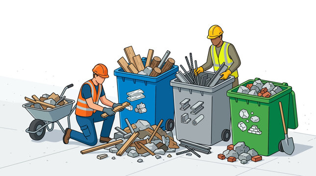Construction Waste Management and Recycling Illustration with Workers Sorting Debris